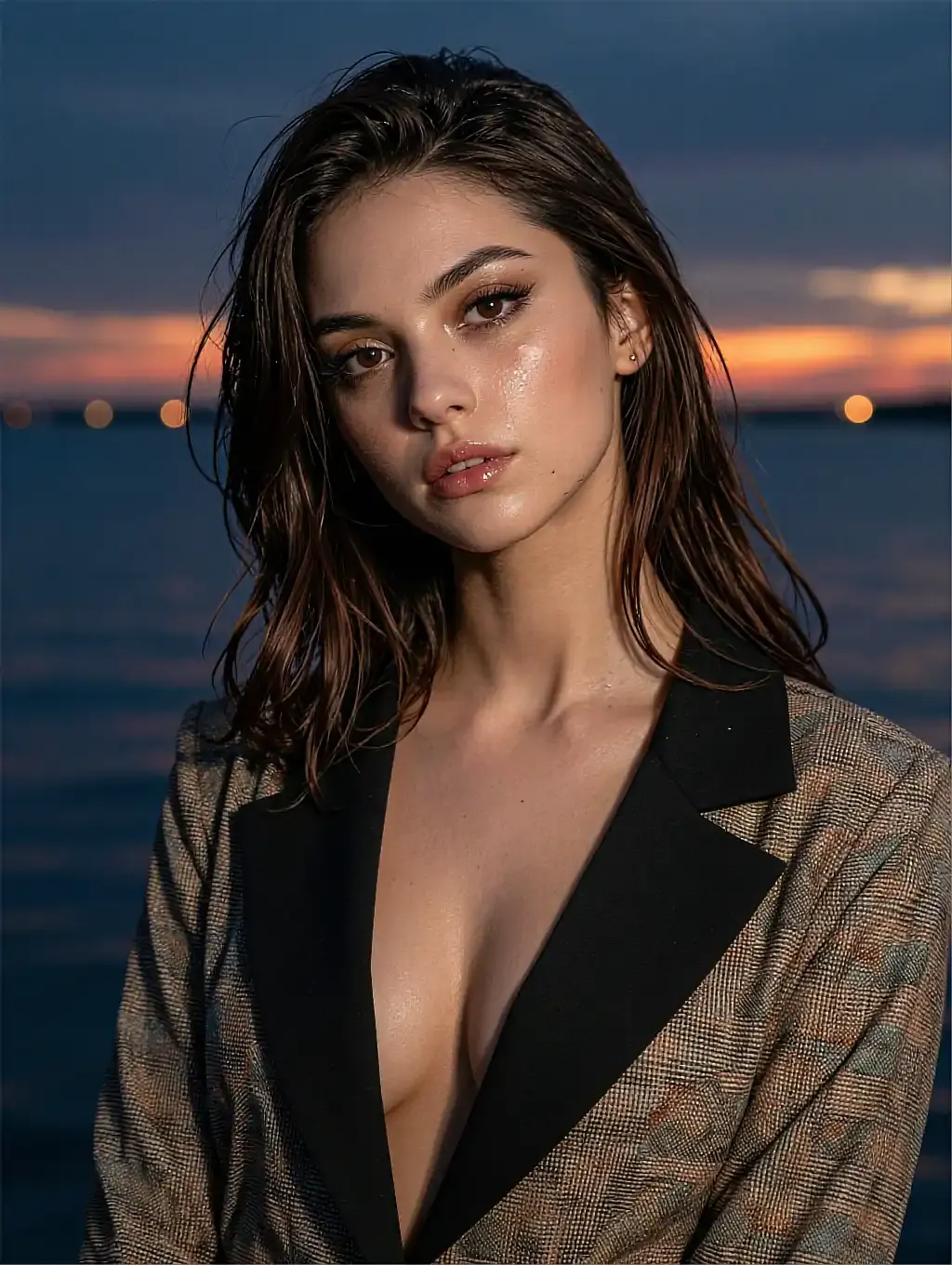 Fictional AI character in an oversized plaid blazer at a waterfront during sunset, shown on the ai-undress-app page