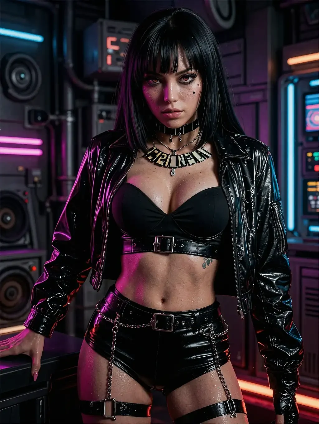 Fictional AI character with black bangs in a leather jacket and PVC shorts under neon light, shown on the ai-undress-app page