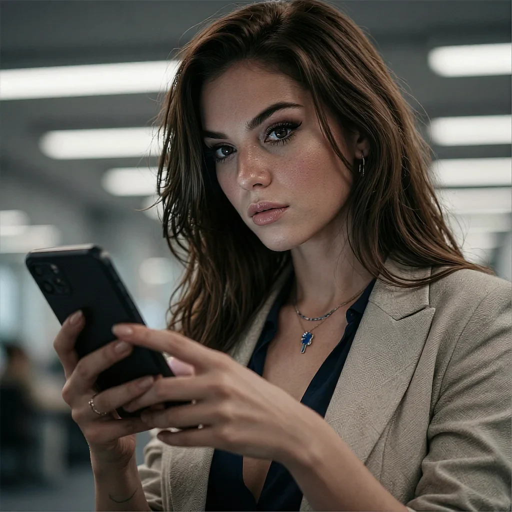 Fictional AI character with brown hair in a beige blazer holding a phone in an office, shown on the undress-ai-free page