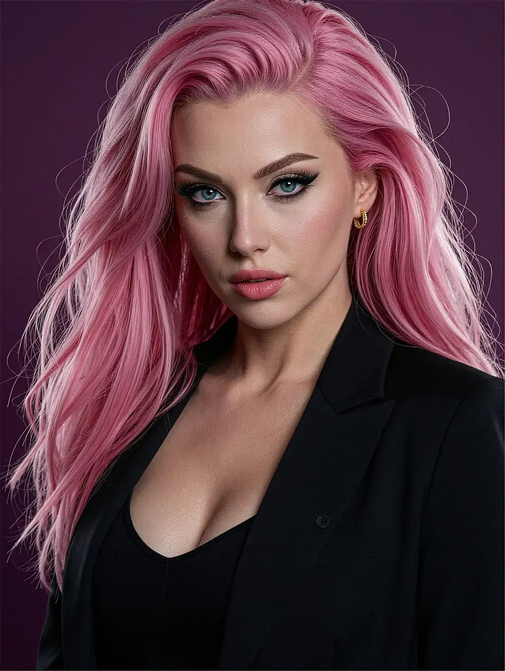 Fictional AI character with pink hair in a black blazer against a plum studio backdrop, shown on the ai-clothes-remover page
