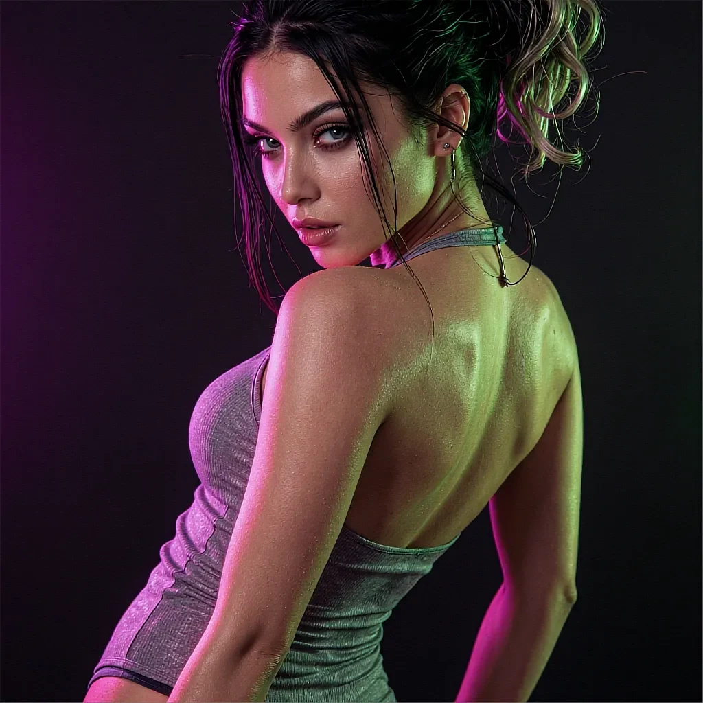 Fictional AI character with a messy updo in a gray halter top lit by pink and green neon, shown on the undress-photo-ai page